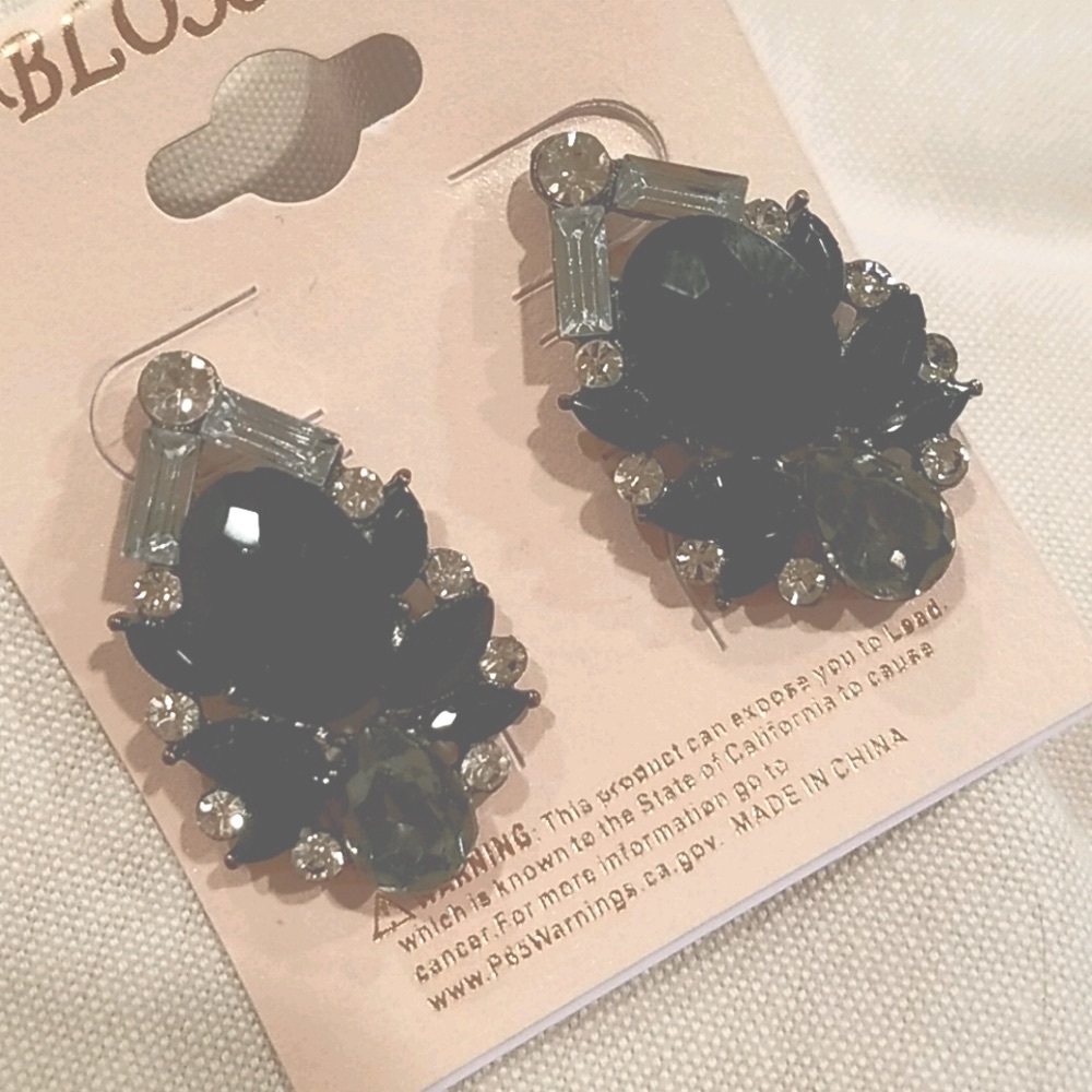 Black Cluster Rhinestone Earrings NEW